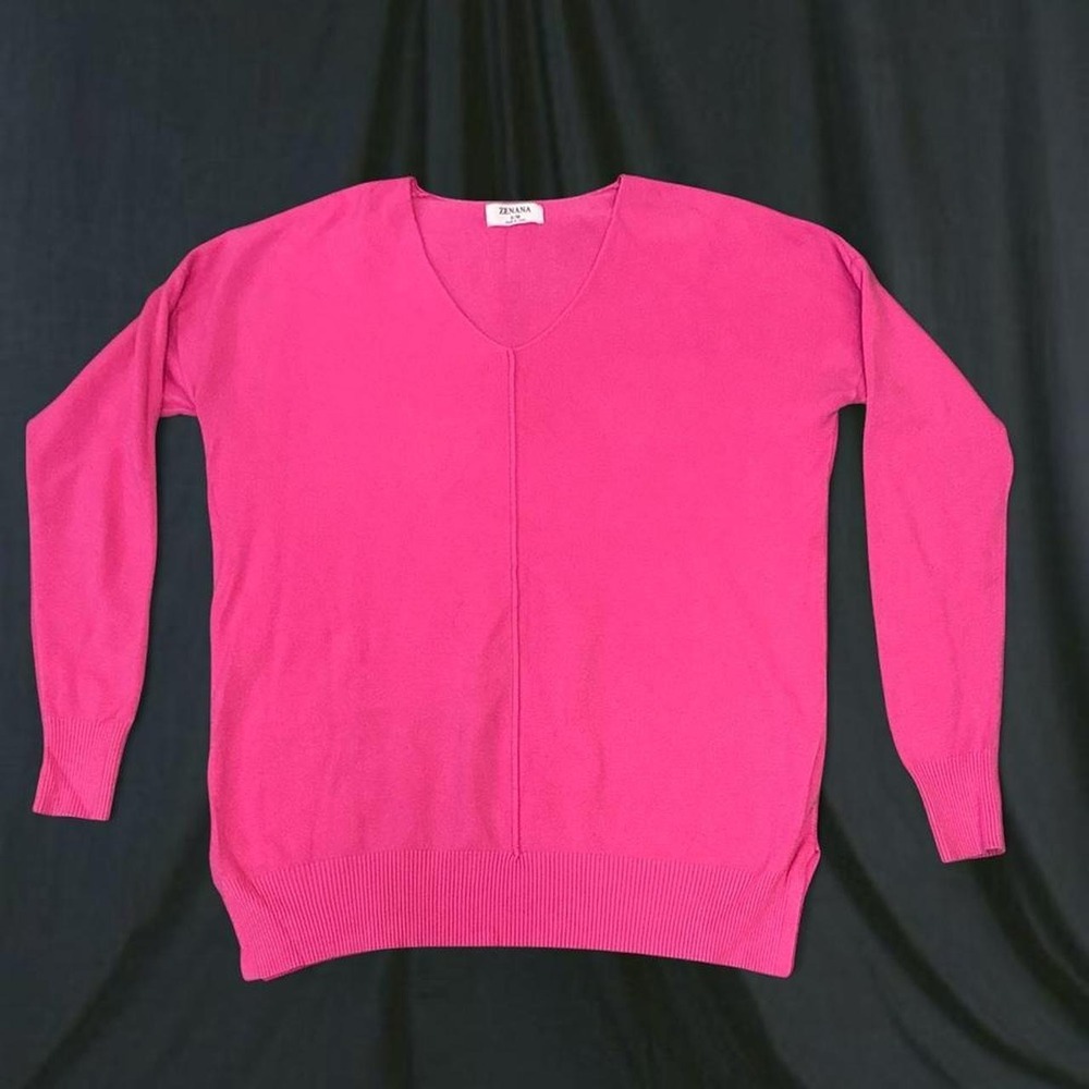 Zenana Hot Pink V-Neck Center Seam Pullover Sweater Pink S/M